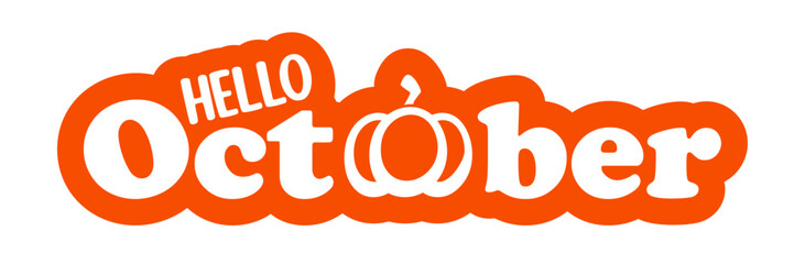 Hello October text with pumpkin isolated on transparent background. Hello October orange sticker png, label png, banner, poster design template. Cartoon illustration