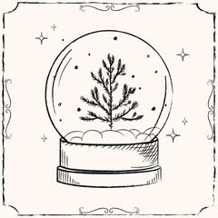 Hand drawn Snow Globe with a fir tree and falling snow in a vintage style decorated stars and ornate frame for holiday cards, winter prints, packaging, and seasonal invitations. Vector illustration