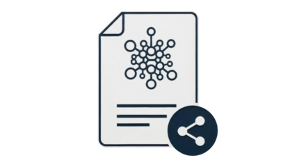 Isolated diagram of paper with molecular model with sharing concept in the corner; symbol
