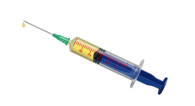 Isolated vector art of a medical syringe with a clear body and blue plunger. The needle is thin.