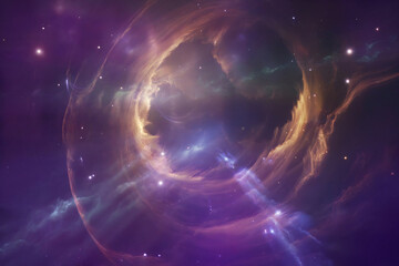 Obraz premium Swirling purple and gold nebula with distant stars and cosmic dust space cosmos