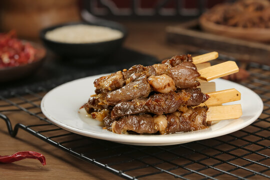 Mongolian Barbecue Beef Skewers Traditional Zibo Style Grilled Meat Asian Street Food Snacks