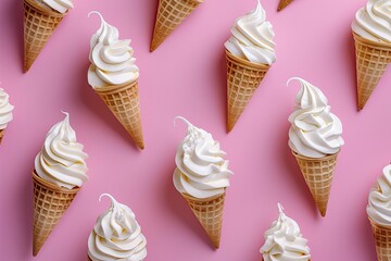Ice cream cones arranged on pink background, sweet treat for summer promotions