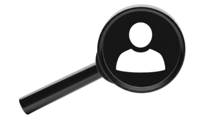 Isolated black magnifier with user icon to find people, employee search and investigation