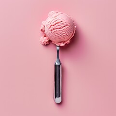 Spoon of Pink Ice Cream on Pink Backdrop, Dessert, Indulgence. Plain background
