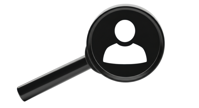 Isolated black magnifier with user icon to find people, employee search and investigation