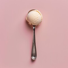 Spoon holds ice cream, studio shot, on pink background. Use Dessert, snack ad