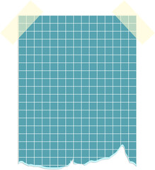 Square grid colored notebook page pieces with rough ripped edges. Scrapbooking supplies, realistic note scraps with uneven borders. School diary elements and memo stickers