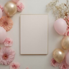 Celebration blank frame surrounded by flowers and balloons on beige backdrop