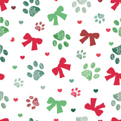 Bow ties, hearts and cute paw prints Christmas design seamless fabric pattern