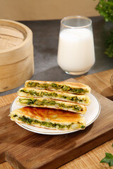 Homemade Savory Green Vegetable Pancakes with Milk Traditional Breakfast Meal
