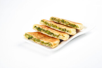 Savory Herb-Filled Pancakes on White Plate - Homemade Breakfast Food Photography