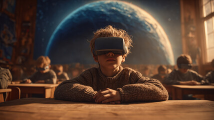 A futuristic classroom, a group of children wearing VR headsets exploring universe. Concept of the future of digital education, combination technology with exploration, learning in a digital age.