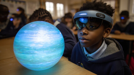 A futuristic classroom, a group of children wearing VR headsets exploring universe. Concept of the future of digital education, combination technology with exploration, learning in a digital age.