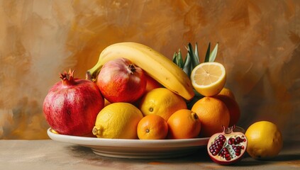 Fruit still life on a plate, gold background. Food blogging, healthy nutrition ads