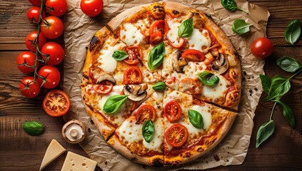 Margherita Pizza Close-Up on Paper, Tomatoes, & Basil; Food Blog, Menu, Recipe