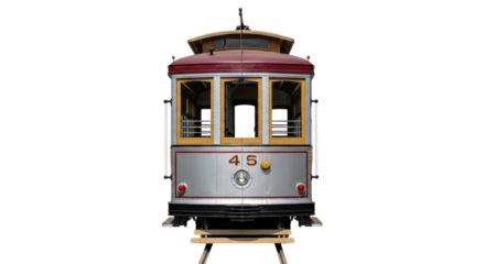 Isolated vintage trolley car from the front, an antique rail transport coach against neutral backdrop