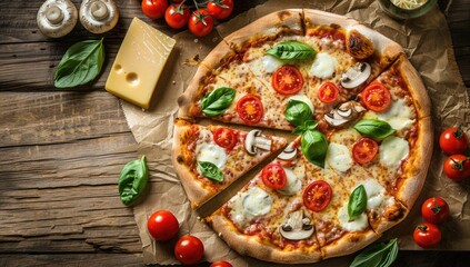 Sliced pizza on wood table, food photography, fresh ingredients, food preparation