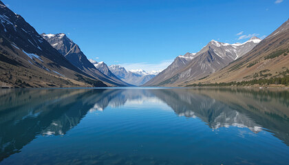 🏔️ Majestic Mountain Valley Reflected in a Crystal Clear Lake under Blue Sky 🏔️