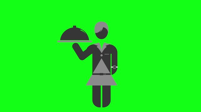 Female Waiter Service Icon Animation on Green Screen