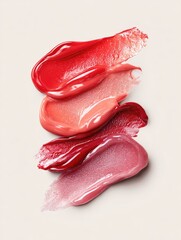 Lipstick swatches arranged vertically on plain surface, makeup art for cosmetics ads