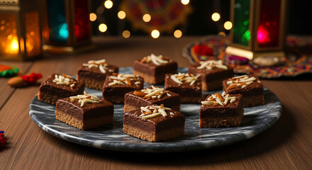 Delectable diwali sweets arranged artistically with festive holiday lights in background