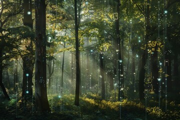 Digital data streams intertwining with sunlit forest