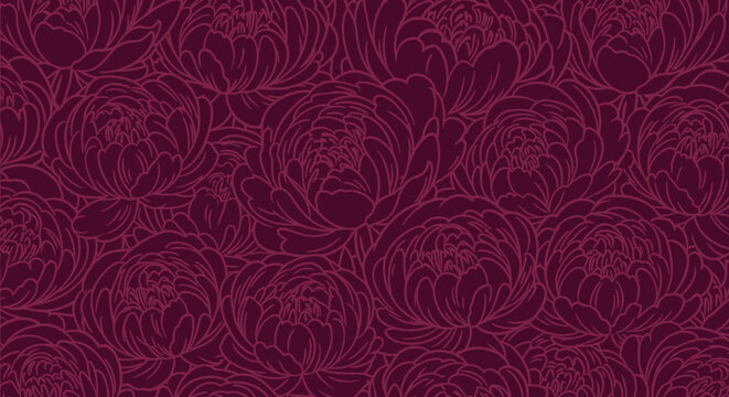 Seamless floral pattern of stylized magenta peonies with detailed, flowing lines