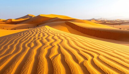 Golden desert dunes stretch under a pale sky
