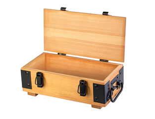 Wooden empty open treasure chest box concept