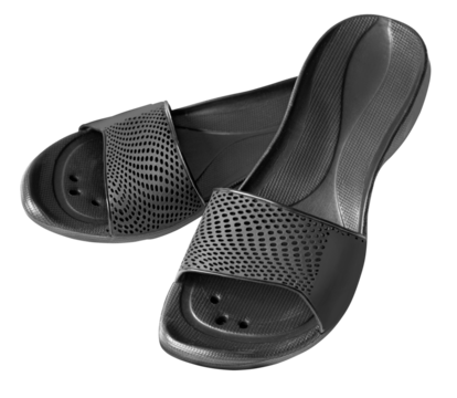 Black rubber slippers with perforated upper band on transparent background