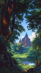 Angkor Wat seen through trees; jungle backdrop; travel ads, desktop wallpaper use