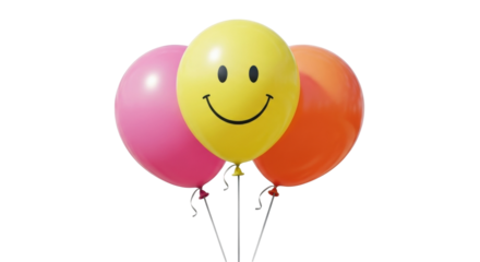 Isolated bunch of colorful festive party balloons with happy face, bright and cheerful
