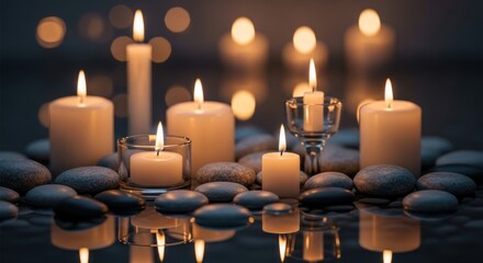 Warm candlelight illuminates a collection of white candles arranged amongst smooth, grey stones, creating a tranquil ambiance on a reflective surface, with soft bokeh adding depth and serene...