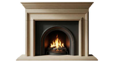 Isolated fireplace mantel made of stone, burning fire inside, traditional warm interior