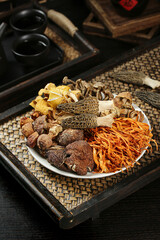 Dried Mushroom Pack Collection with Morel Shiitake Wild Varieties on Bamboo Tray Asian Cuisine Ingredients