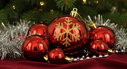 Shiny Red Christmas Ornaments with Snowflake Design on Green Pine Tree Background