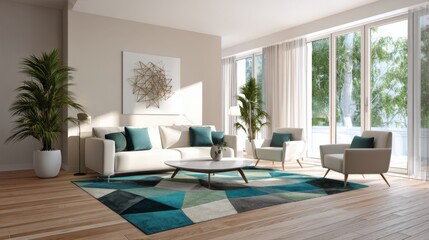 Fototapeta premium modern living room with turquoise rug, cream walls, sleek furniture, geometric decor, natural sunlight
