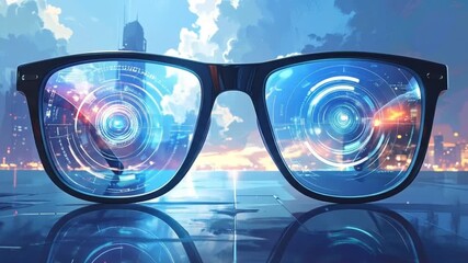 Futuristic Glasses Reflecting Digital Data and Cityscape at Sunset - Powered by Adobe