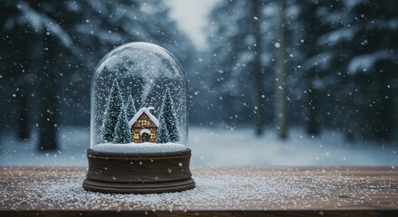 Snow globe with miniature house and snowy trees in a serene winter landscape featuring blurred pine trees in the background