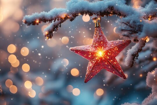 A red star hanging on a Christmas tree. - Powered by Adobe