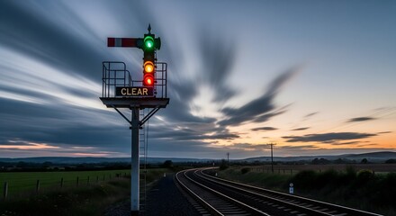 Railway signal showing green light on a clear evening sky with motion clouds and railway tracks leading into distance, symbolizing travel, journey, transportation safety, and rail infrastructure.