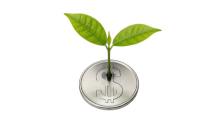 Isolated plant sprout emerging from dollar coin depicts economic growth and investment themes