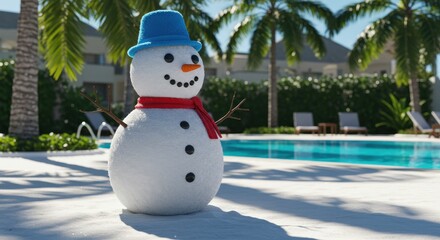 Snowman in Tropical Paradise with Swimming Pool and Palm Trees