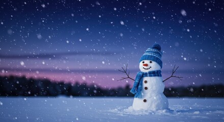 Snowman in Winter Wonderland Under Falling Snow with Colorful Evening Sky and Pine Trees in Background