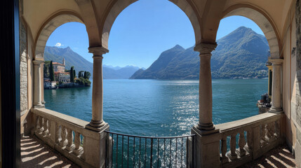 View of mountains over tranquil lake