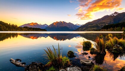 Calm lake mirroring a fiery sunrise over mountains
