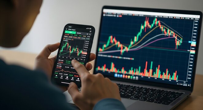 Investor analyzing stock market data on smartphone and laptop, showing financial trading charts, cryptocurrency trends, investment growth, market analysis, and digital economy strategy concept.