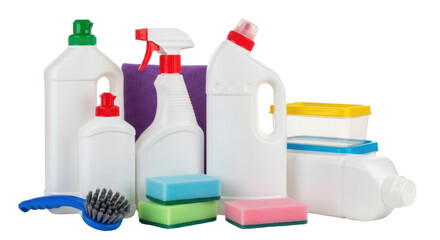Isolated assortment of cleaning products and supplies for household hygiene task cleaning