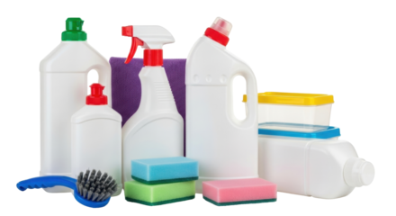 Isolated assortment of cleaning products and supplies for household hygiene task cleaning